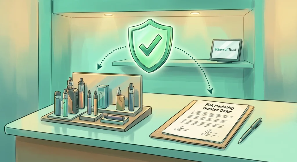 A semi-realistic digital editorial illustration of a vape retail setting with a teal and mint green color wash and warm golden ambient lighting. On a clean countertop, a formal clipboard document labeled "FDA Marketing Granted Order" sits next to a neat display of various vape products and a pen. A glowing green compliance shield with a checkmark floats in the center, with dotted curved arrows connecting it to both the document and the product display. In the background, a small dashboard screen subtly displays the "Token of Trust" wordmark.