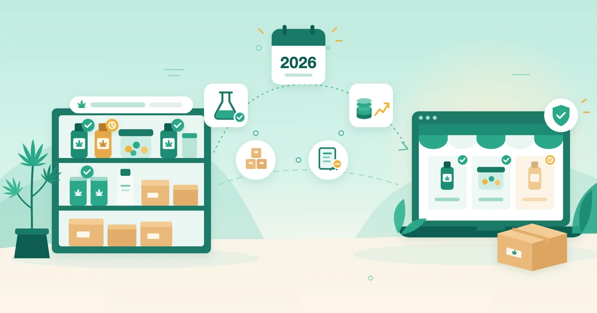 Illustration of a hemp product shelf with items tagged as eligible or under review, connected through 2026 planning steps for product eligibility, inventory, supplier contracts, and finances to an online storefront