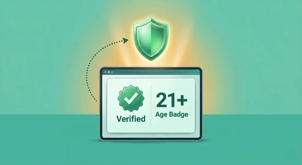 A semi-realistic digital editorial illustration set against a clean teal background. The central focus is a white digital verification screen displaying a green "Verified" checkmark badge alongside bold text that reads "21+ Age Badge." Floating directly above the screen is a glowing green security shield, illuminated by a warm golden light from behind. A single, curved dotted arrow sweeps upward from the verification interface, pointing toward the protective shield.