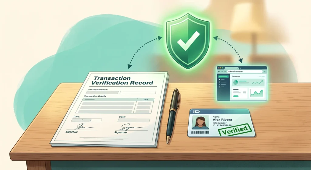 A semi-realistic digital editorial illustration of a compliance authorization scene set against a teal and mint background wash. On a clean wooden desk, a formal document titled "Transaction Verification Record" is placed next to a sleek black and gold pen. Beside it lies a digital ID card for "Alex Rivera" with a green "Verified" stamp. Above the desk, a glowing green shield with a white checkmark floats in the air, connected by curved dotted arrows to the document and a small floating dashboard screen displaying "tokenoftrust.com" and various data charts. The scene is illuminated by warm, golden lighting, creating a professional and secure atmosphere.