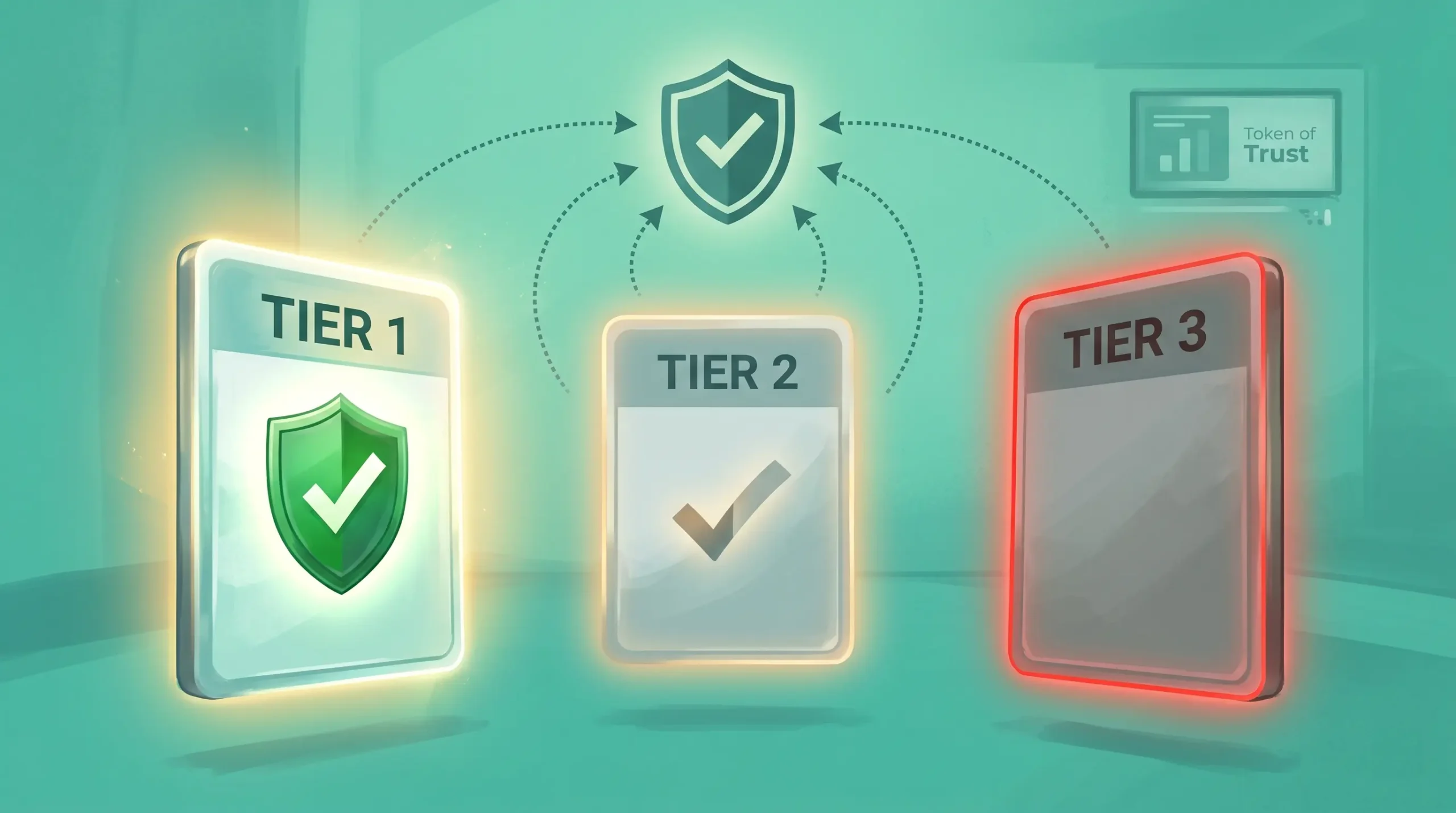 Semi-realistic digital editorial illustration on a teal and mint green background featuring three floating cards labeled "Tier 1," "Tier 2," and "Tier 3" arranged left to right. Tier 1 glows with a bright golden-white light and displays a prominent green compliance shield with a white checkmark. Tier 2 has a softer golden glow and features a simple gray checkmark. Tier 3 is dimmer, outlined with a red warning glow, and has an empty face. Curved, dotted arrows flow upward from each card toward a central green compliance shield with a white checkmark. Warm ambient lighting illuminates the scene, and a small dashboard screen showing a subtle "Token of Trust" logo is visible in the upper right background.