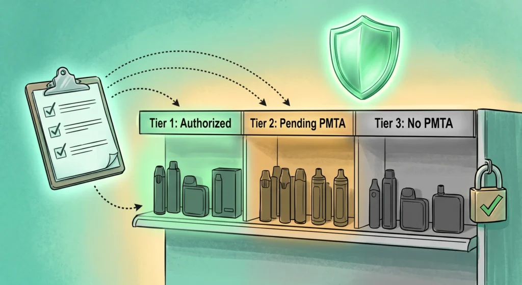 A semi-realistic editorial illustration with a teal and mint green background illuminated by warm golden accent lighting, depicting a vape retail shelf organized by PMTA compliance status. The scene contains no human figures or brand logos.