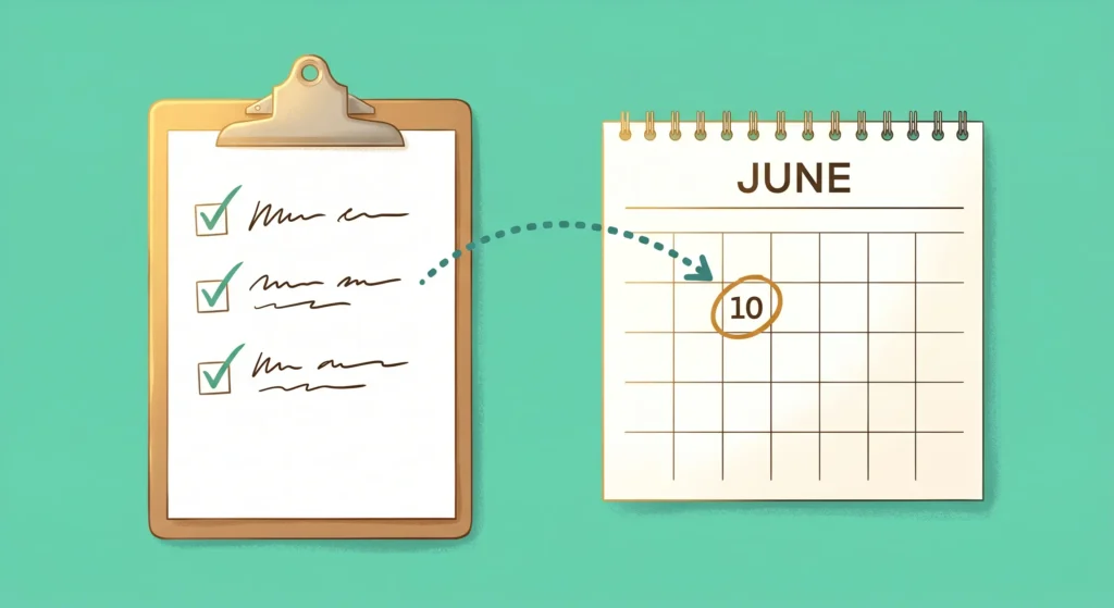 A semi-realistic digital editorial illustration on a clean teal and mint green background. On the left is a simple brown clipboard with a white checklist featuring three green checkmarks next to handwritten text lines. On the right is a white spiral-bound monthly calendar for June, with the number 10 circled in amber. A single, dark teal dotted curved arrow spans between the clipboard and the circled date, pointing toward June 10. The scene is illuminated by a warm, golden lighting from the upper left, casting soft shadows.