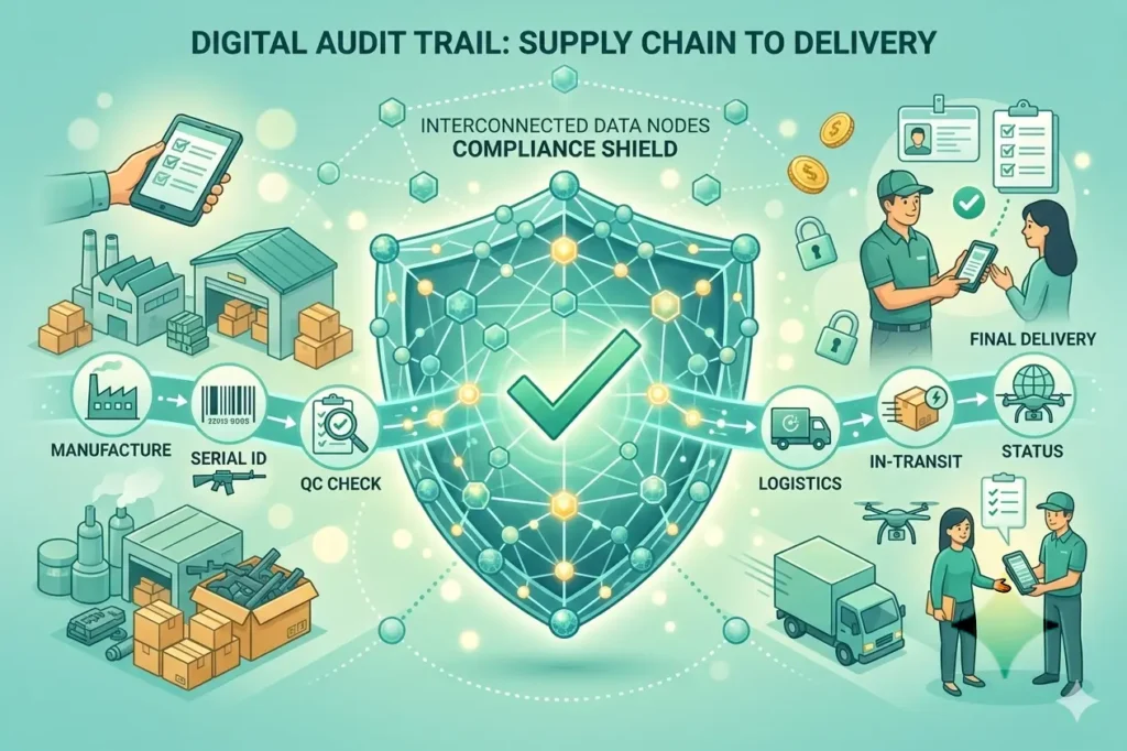 An abstract flat design illustration of interconnected data nodes forming a compliance shield, representing a digital audit trail flowing from supply chain to delivery, minimalist tech illustration style, deep navy and green color palette, wide aspect ratio 16:9, no text or labels in the image
