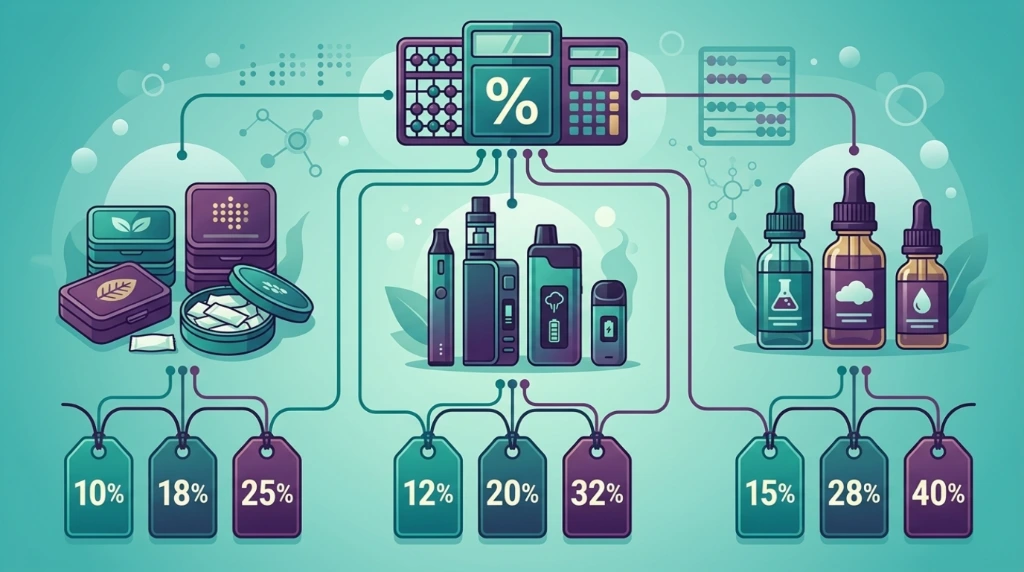 A flat design illustration of various nicotine product types — pouches, devices, e-liquids — each connected by lines to different tax rate tags, organized like an infographic diagram, clean vector art style, teal and purple color palette, wide aspect ratio 16:9, no text or labels in the image