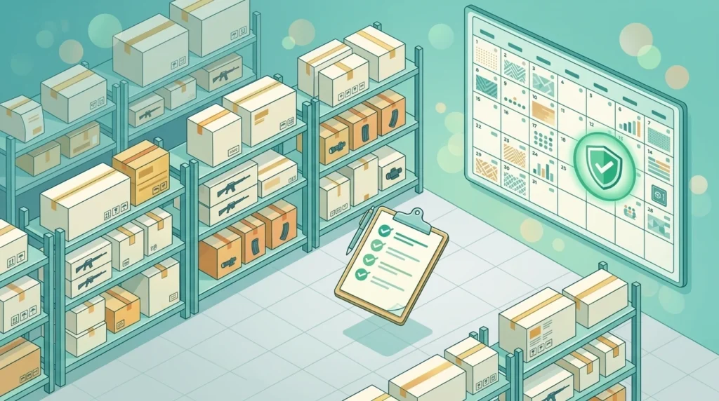 An isometric illustration of warehouse shelves with product boxes, a large calendar on the wall with one date circled, a clipboard with checkmarks floating nearby, clean flat design, wide aspect ratio 16:9, no text or labels in the image