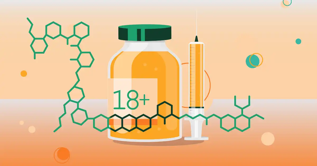 Selling peptides graphics, orange jar with 18+ lettering.