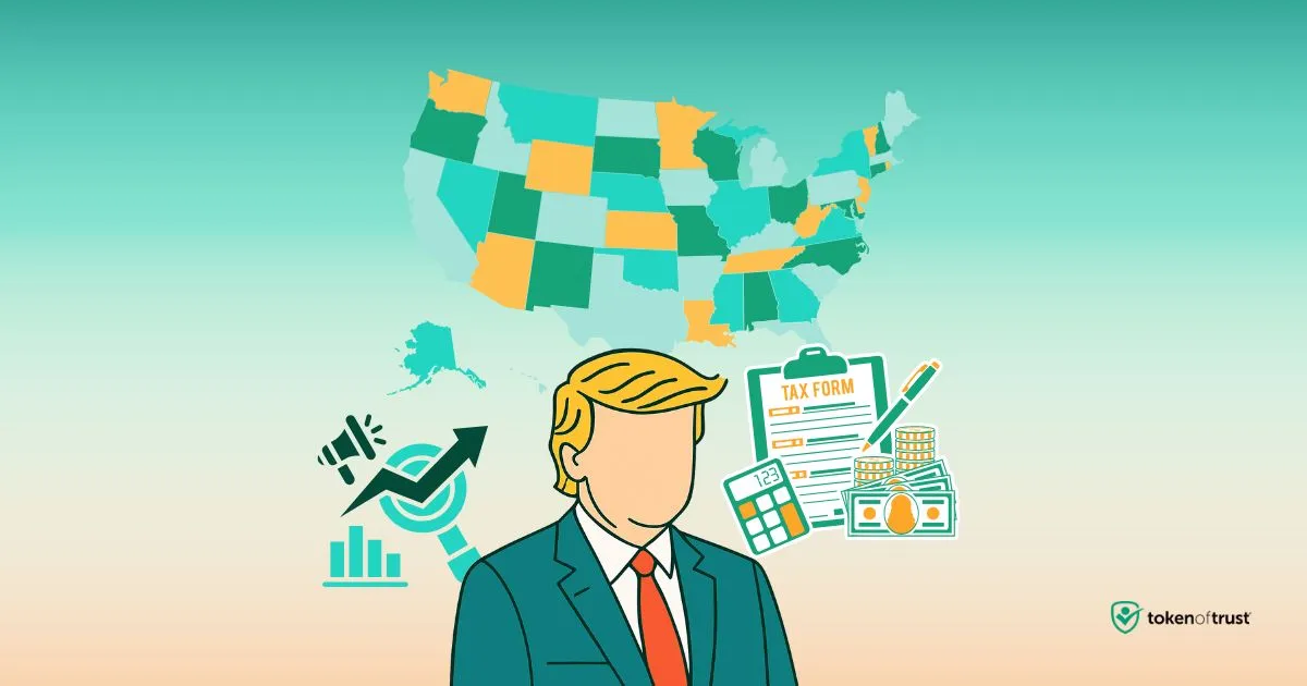 Faceless Trump figure in front of a U.S. map and tax-related icons like forms, calculator, coins, and money. Visual represents economic policy changes and tax reform impact across states, related to age-restricted product regulation and compliance.