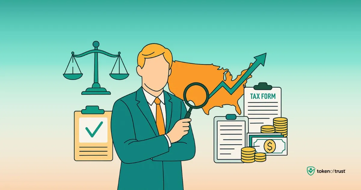 Legal and financial advisor holding a magnifying glass, surrounded by justice scales, compliance checklists, U.S. map, tax forms, coins, and dollar bills on a teal-to-peach gradient background.