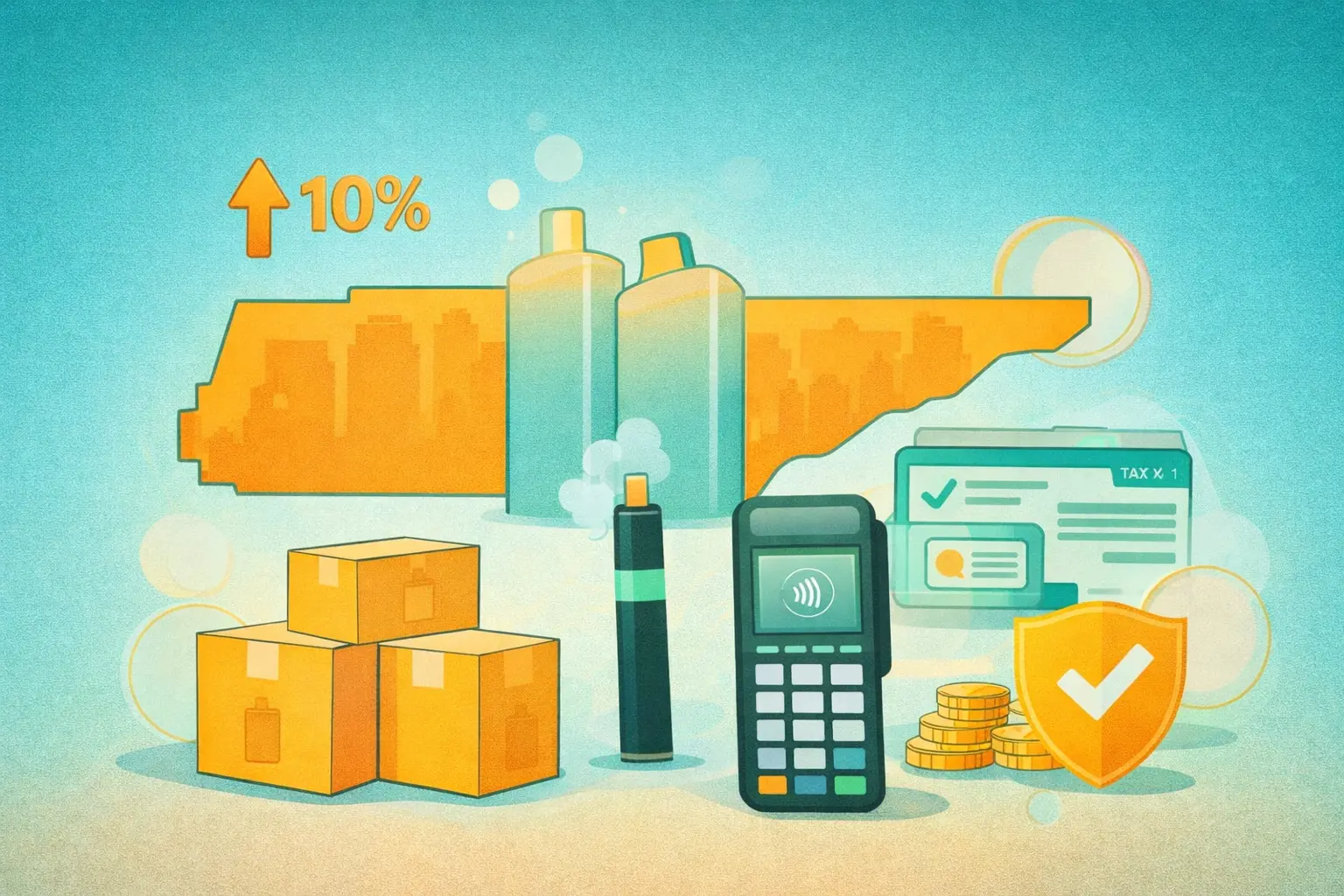 Illustration of Tennessee with vape device, highlighting excise tax changes and regulatory compliance
