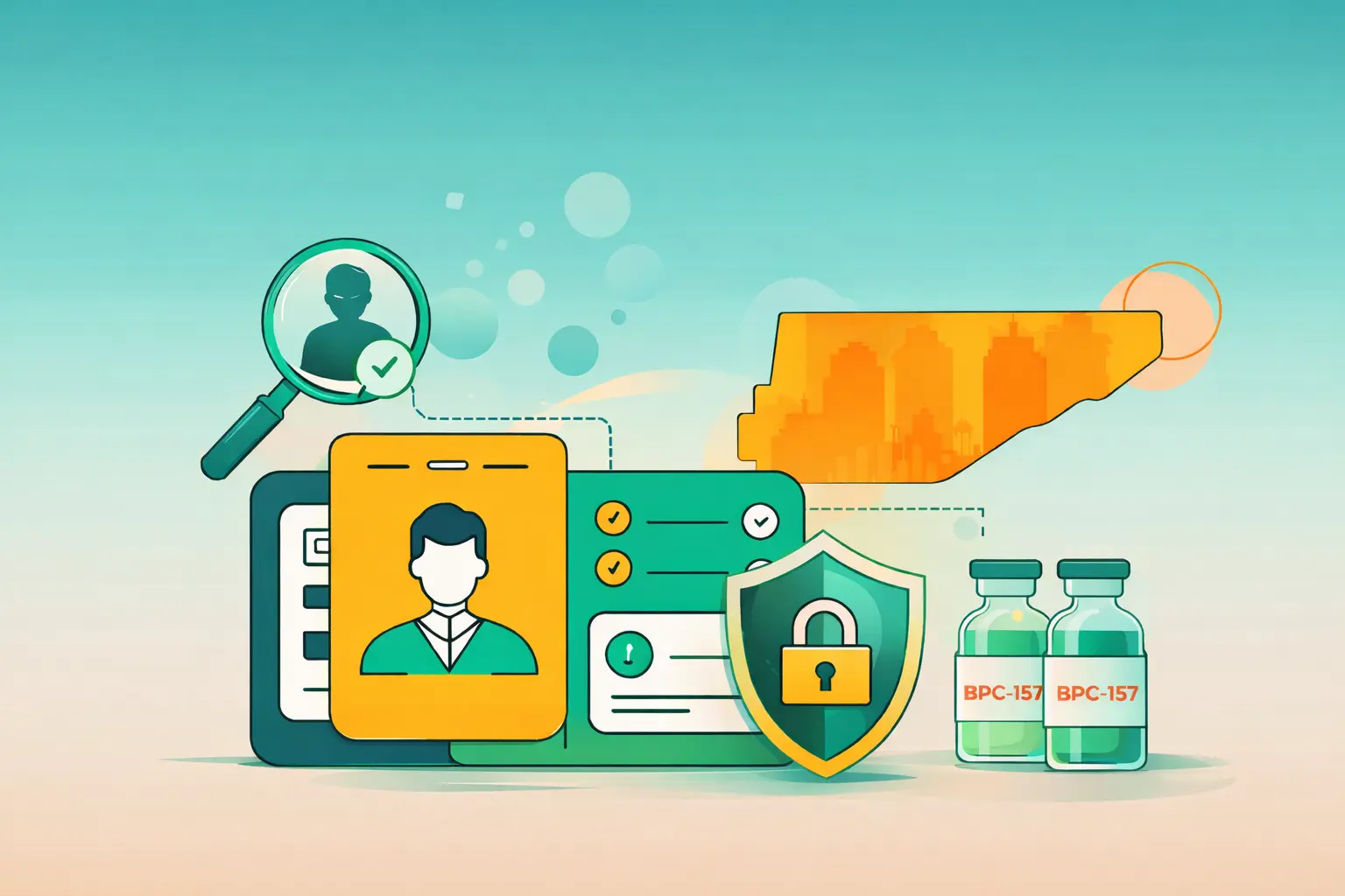Illustration of fraud prevention in peptide ecommerce showing ID verification, padlock security shield, and BPC-157 vials in Token of Trust brand colors