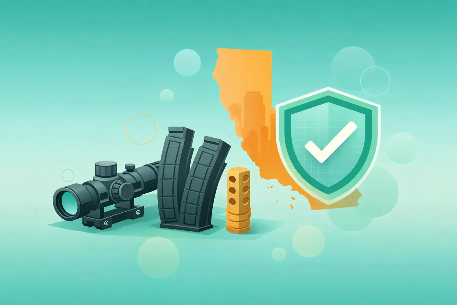 California AB 1263 firearm accessories compliance illustration with shield and checkmark