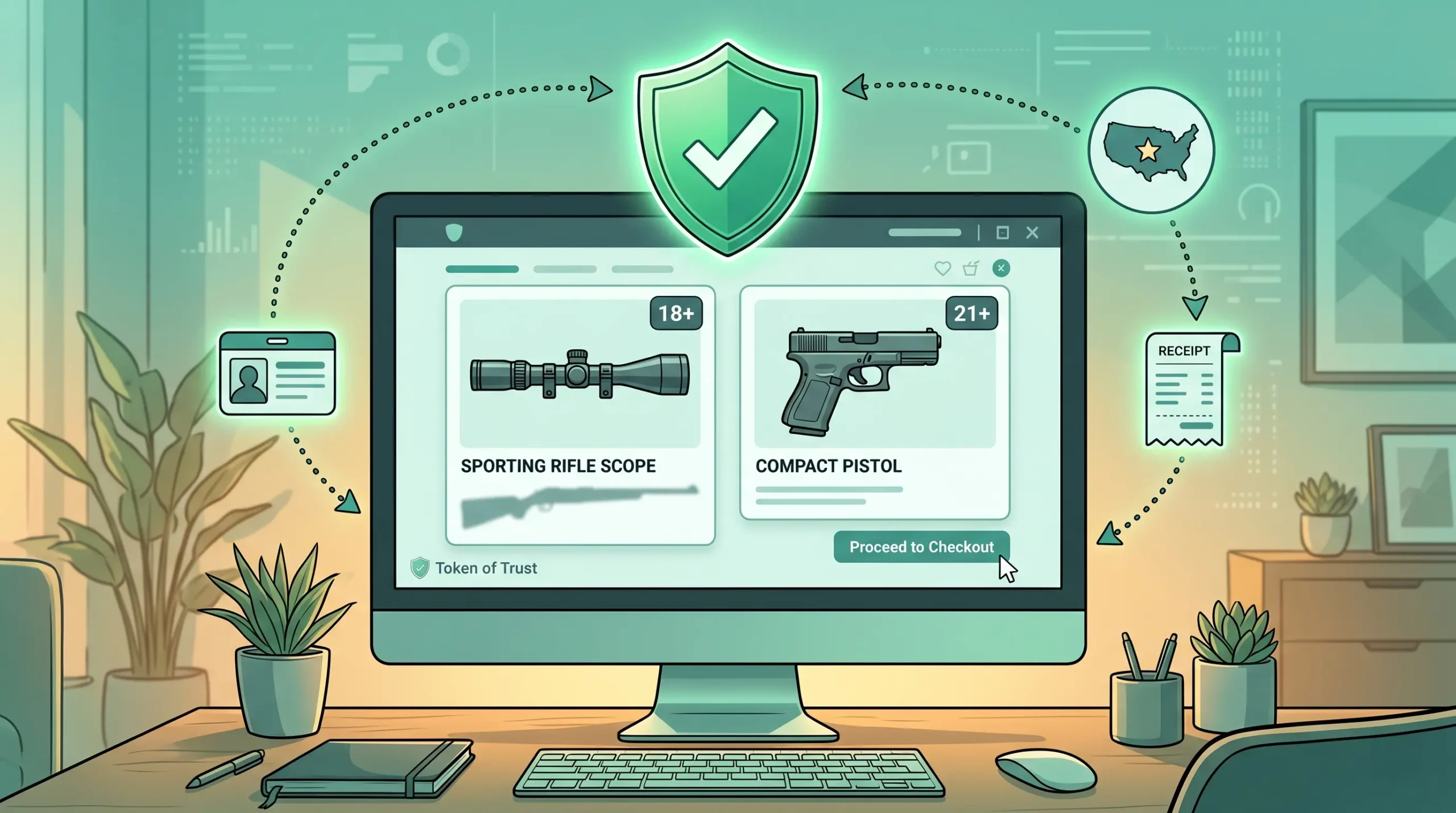 A semi-realistic digital editorial illustration in a 16:9 format, featuring a modern desktop monitor on a desk. The screen displays an online retail checkout page showing a "Sporting Rifle Scope" with an 18+ age badge and a "Compact Pistol" with a 21+ age badge. A subtle "Token of Trust" wordmark is visible on the lower left of the monitor. Floating above the monitor is a glowing green compliance shield with a white checkmark, connected by dotted curved arrows to icons representing a digital ID card, a state badge, and a transaction receipt. The scene is rendered in a teal and mint green color wash with warm golden ambient lighting in a clean, cartoon-influenced style.