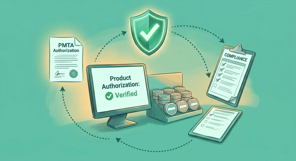 A semi-realistic digital editorial illustration set against a teal and mint green color wash background with warm, golden ambient lighting. At the center, a desktop monitor displays "Product Authorization: Verified" with a green checkmark next to a cardboard counter display filled with small, unbranded nicotine pouch cans. Floating above the screen is a glowing green compliance shield with a white checkmark, which connects via curved, dotted arrow lines to a floating "PMTA Authorization" document on the left and a compliance checklist clipboard on the right, symbolizing a seamless regulatory workflow.