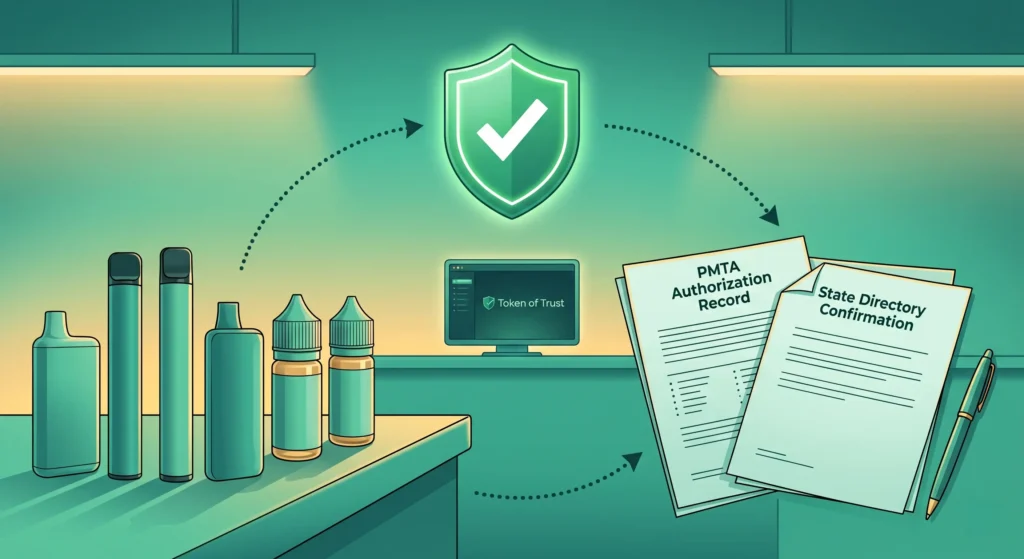 A semi-realistic digital editorial illustration set in a teal and mint green environment with warm golden ambient lighting. On the left, a row of unbranded disposable vape devices and e-liquid bottles rests on a counter. On the right, a formal document labeled "PMTA Authorization Record" is stacked next to another labeled "State Directory Confirmation," with a pen nearby. In the center background, a small digital dashboard screen subtly displays the "Token of Trust" wordmark. Above the scene floats a glowing green compliance shield with a white checkmark, connected to both the vape products and the compliance documents by dotted, curved arrow lines.