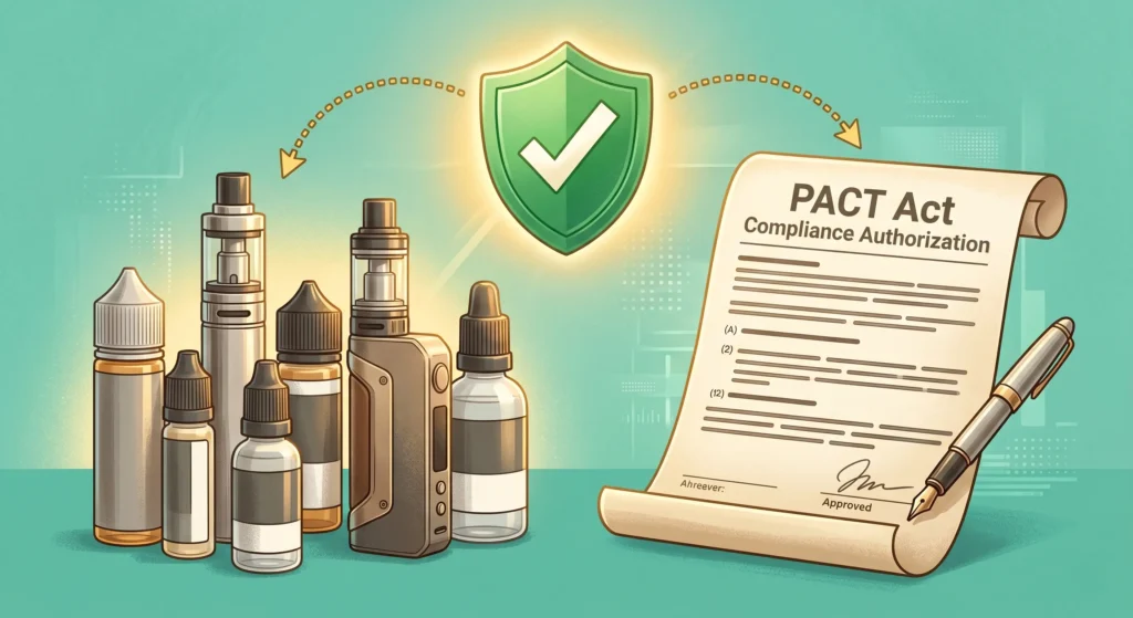 A semi-realistic digital editorial illustration centered on vape industry compliance, set against a teal and mint green textured background. On the left, a collection of unbranded silver vape mods and various glass e-liquid bottles are grouped together. To the right sits a formal, cream-colored document titled "PACT Act Compliance Authorization," featuring a signature line and a sleek pen resting beside it. Hovering centered above the scene is a glowing green compliance shield with a white checkmark, emitting a warm golden light. Dotted golden arrows curve downward from the shield to both the vape products and the document, symbolizing a verified connection.