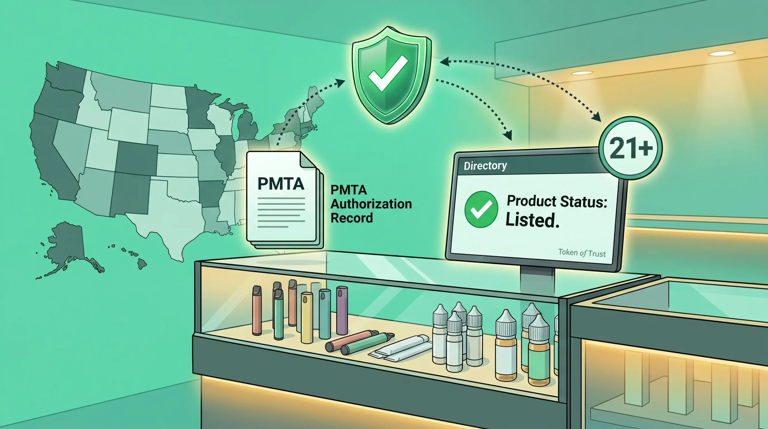 A semi-realistic digital editorial illustration in a teal and mint green color wash with warm golden ambient accent lighting, depicting a vape product compliance concept. In the foreground, a modern retail display case contains unbranded disposable vapes and e-liquid bottles. Above the display, several floating elements are connected by curved dotted arrows to a glowing green compliance shield with a white checkmark. These elements include a document stack labeled "PMTA Authorization Record," a digital directory screen showing "Product Status: Listed" alongside a subtle Token of Trust wordmark, and a circular "21+" age verification badge. In the background, an outline map of the United States features states shaded in varying tones to represent differing directory rules.