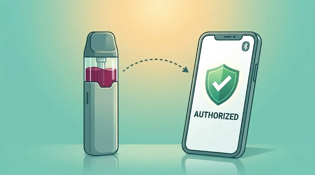 Flat digital illustration in a clean, modern infographic style. Teal and mint green background with a soft warm golden/yellow radiant glow emanating from the upper center of the image. No people, no characters, no hands. On the left side of the image, a sleek upright vape pod device illustrated in a soft 3D flat-style. The device has a transparent tank section filled with richly colored flavored e-liquid (vibrant jewel-tone color — e.g., deep berry or tropical orange) visible through the clear reservoir. The device has a polished, rounded form with subtle shading — consistent with the muted teal-gray tones of the illustration palette. On the right side, a modern smartphone displayed upright, slightly angled toward the viewer. The phone screen shows a clean white UI: in the center is a green shield with a white checkmark (matching the recurring Token of Trust shield logo style seen throughout the series) with the word "AUTHORIZED" in bold dark sans-serif text below it. In the top-right corner of the phone screen, a small Bluetooth icon is visible. A dashed curved arrow connects the vape device to the phone screen, suggesting wireless pairing or verification flow. The overall color palette uses soft teal, sage green, warm beige/cream, and glowing gold — identical to the illustration series style. Objects have smooth rounded edges, subtle drop shadows, and no harsh outlines. Background is a flat teal-to-light-teal gradient with a warm golden light bloom in the upper center.
