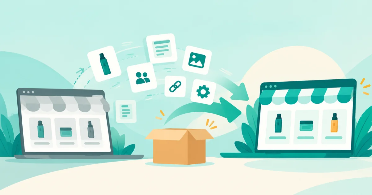 Illustration of store assets moving from one ecommerce storefront to another via a shipping box, representing an ecommerce platform migration