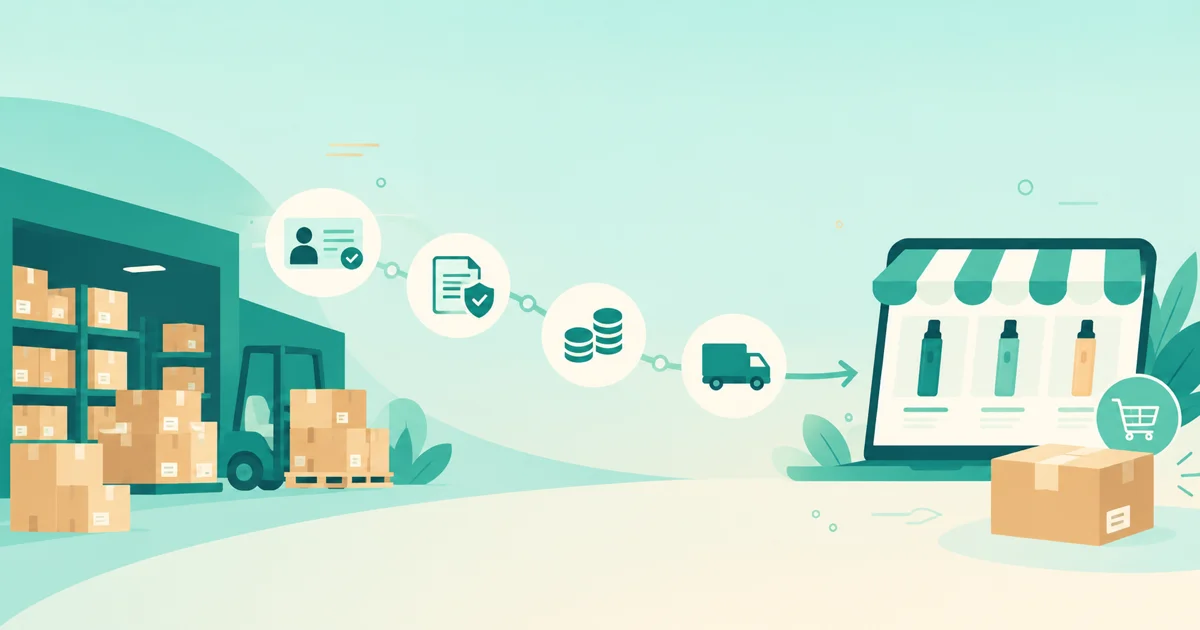 Illustration of a vape wholesale warehouse connecting through verification, compliance, tax, and shipping steps to an online DTC storefront