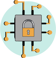 Lock on a circuit board, emphasizing Token of Trust's use of bank-level encryption for secure data protection.