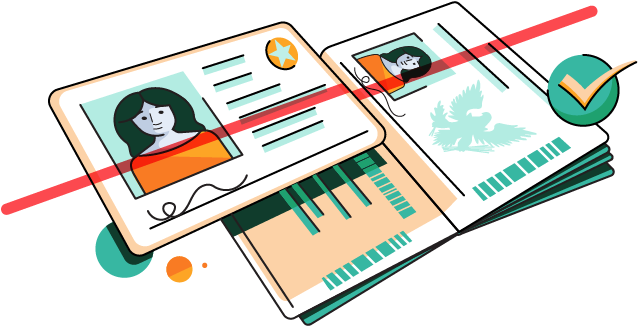 Illustration showing an identity verification software scanning the a driver's license and passport belonging to a woman.