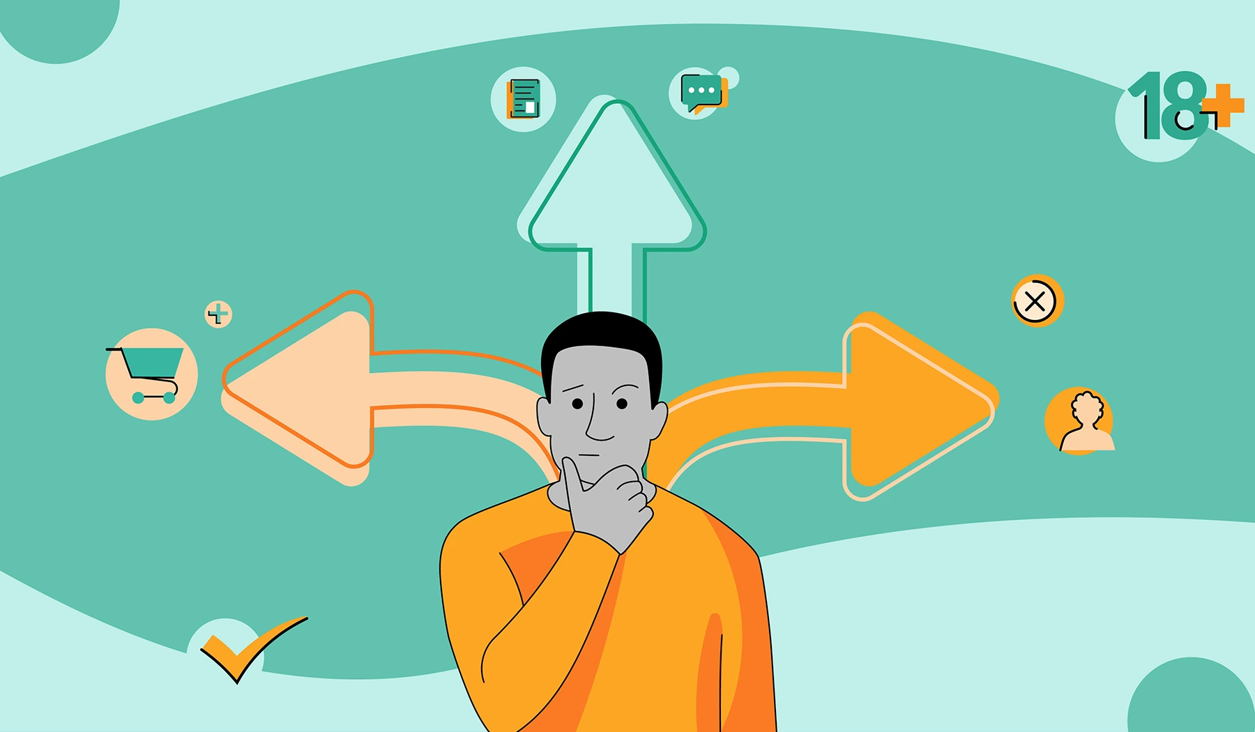 Illustration of a person contemplating different options for age verification software, symbolized by arrows pointing in multiple directions with icons representing decision-making, e-commerce, and identity verification. The image emphasizes the complexity of choosing the right solution for online age verification.