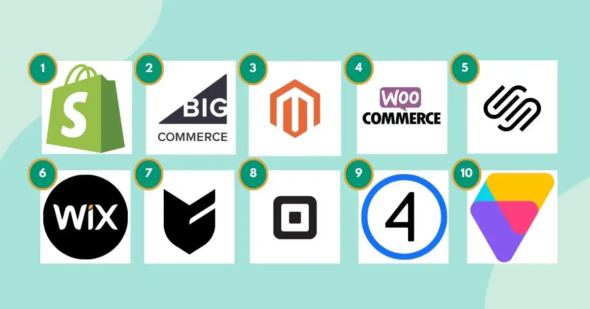 Top 10 e-commerce platforms logos on a green background