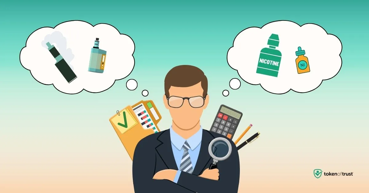 Illustration of a compliance officer weighing vape device and nicotine bottle regulations with checklist, calculator, and magnifying glass, representing 2025 state compliance challenges for vapor and nicotine businesses