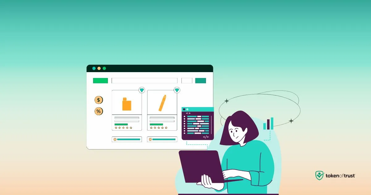 a developer using a laptop to set up a no-code Shopify plugin for age-restricted product compliance, featuring ecommerce product screens and Token of Trust branding.
