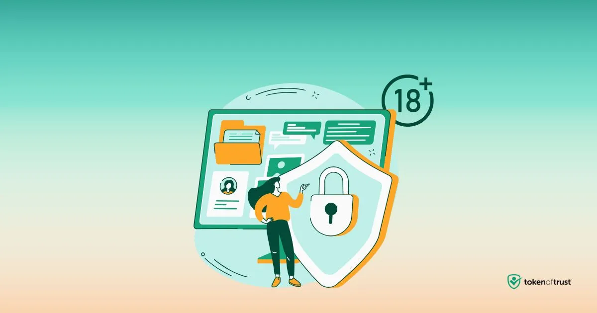 Illustration of secure, privacy-first age verification with 18+ symbol, lock icon, and user data protection visuals.