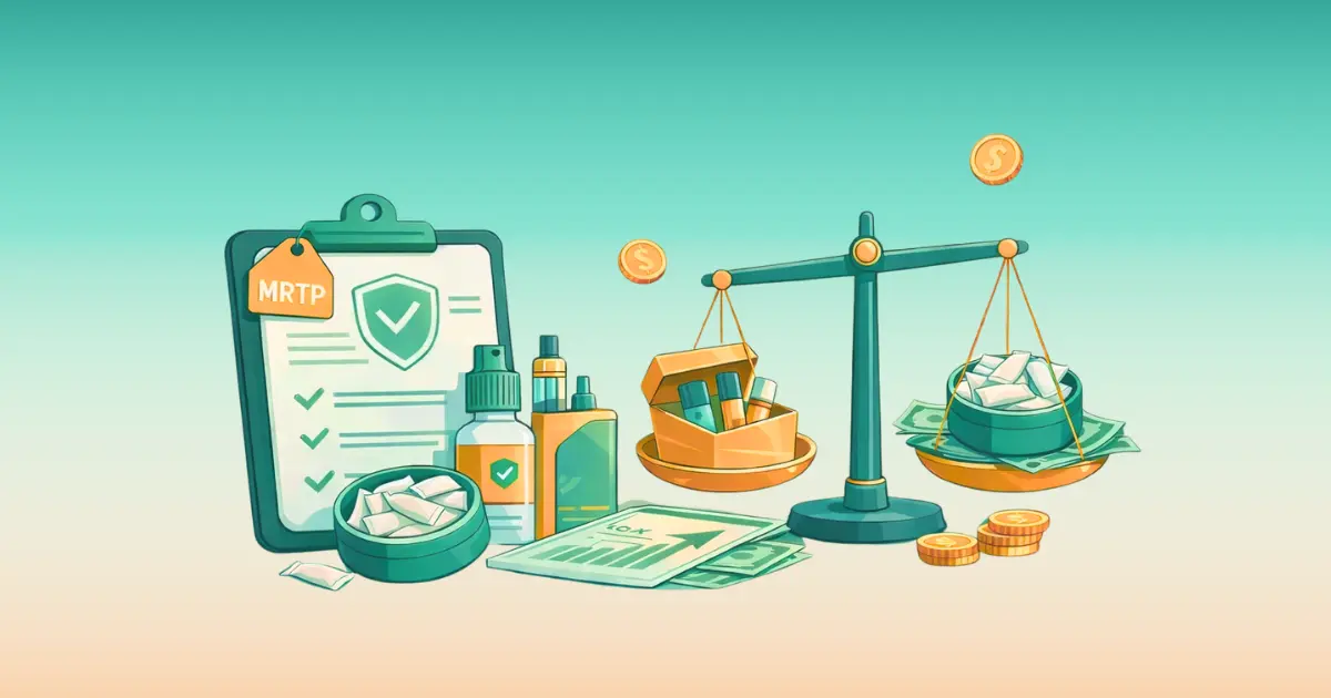 Vector illustration of Modified Risk Tobacco Product (MRTP) tax implications featuring nicotine pouches, vape devices, compliance checklist, and financial scale, highlighting regulatory cost benefits for reduced-risk products