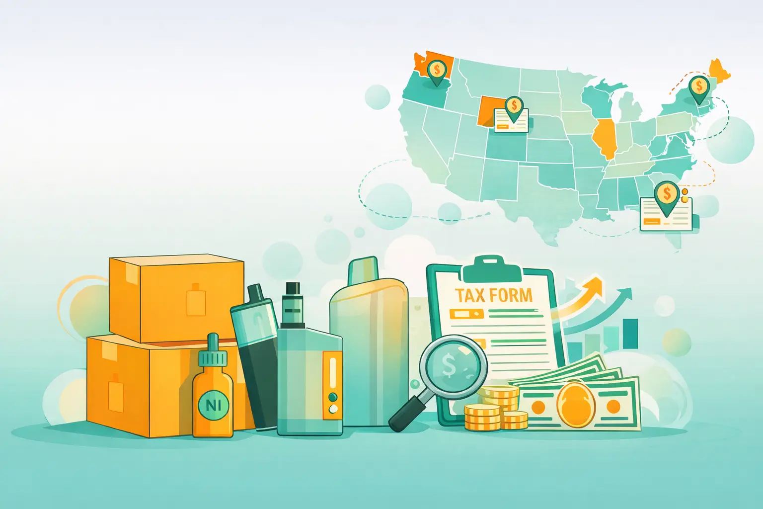 Illustration of nicotine and vape tax changes for WA, NE, OR, and ME
