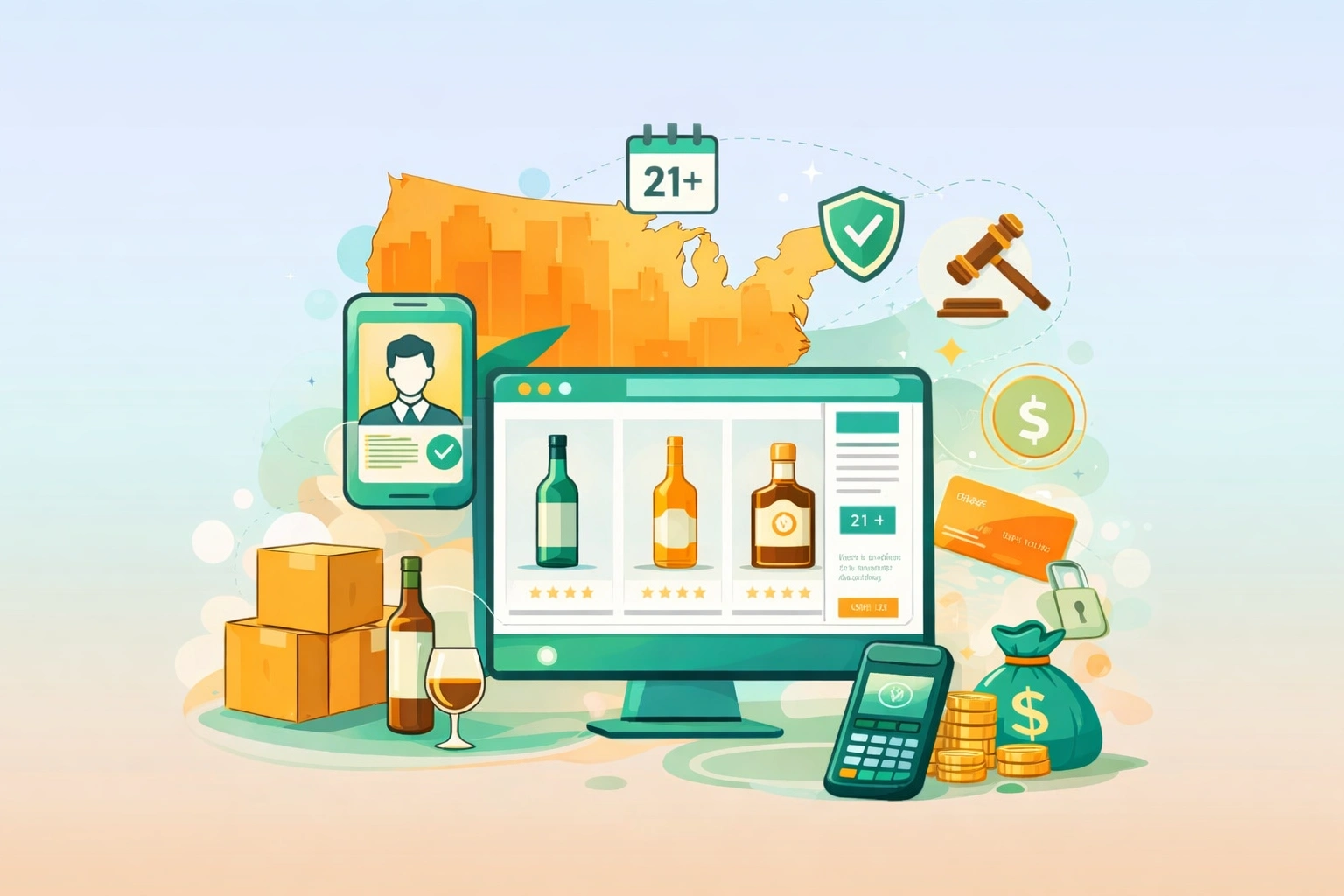 Online alcohol sales with ID verification, age check, and U.S. compliance symbols