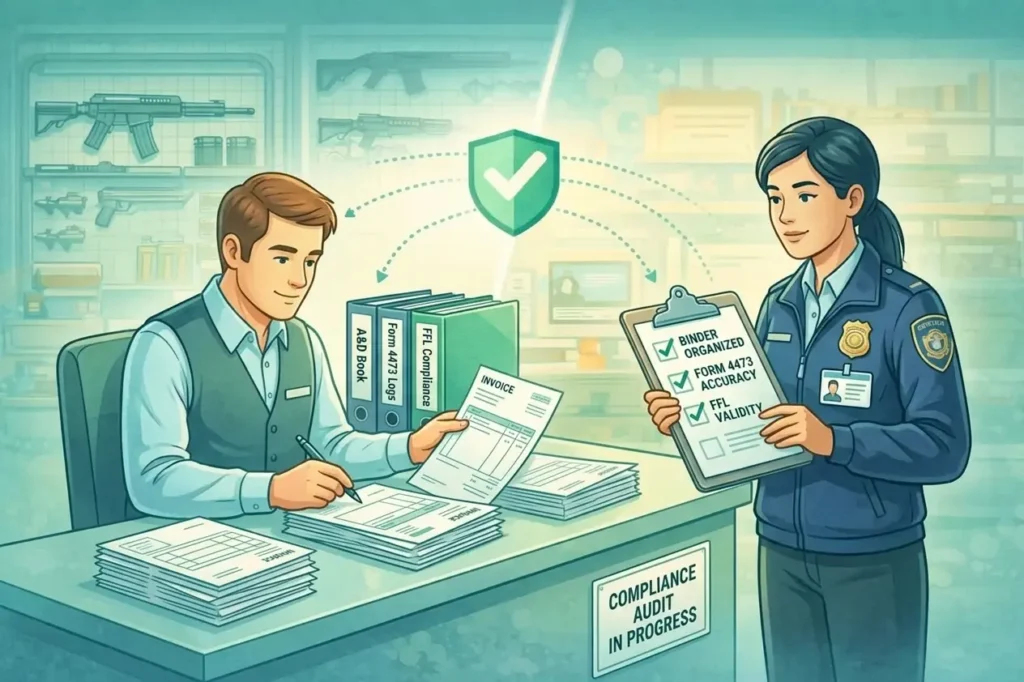 A store manager reviewing organized binders and invoices on a desk, a government inspector with a clipboard standing across the counter