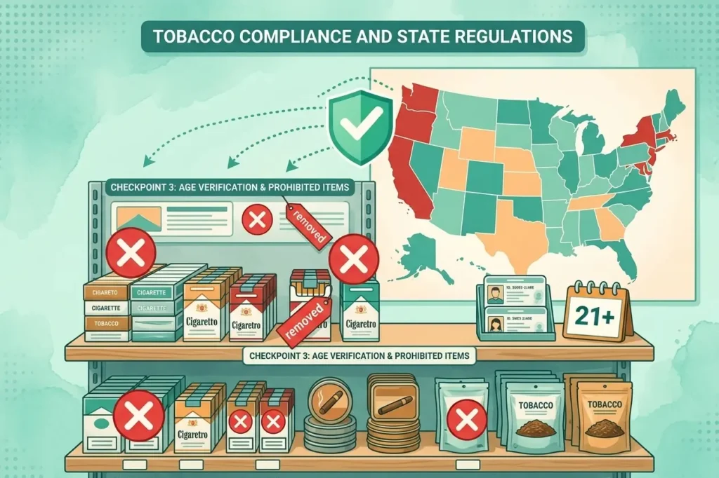 A retail shelf with various tobacco products, some items marked with a red "X" or "removed" tag, a map of the United States in the background with certain states highlighted in red