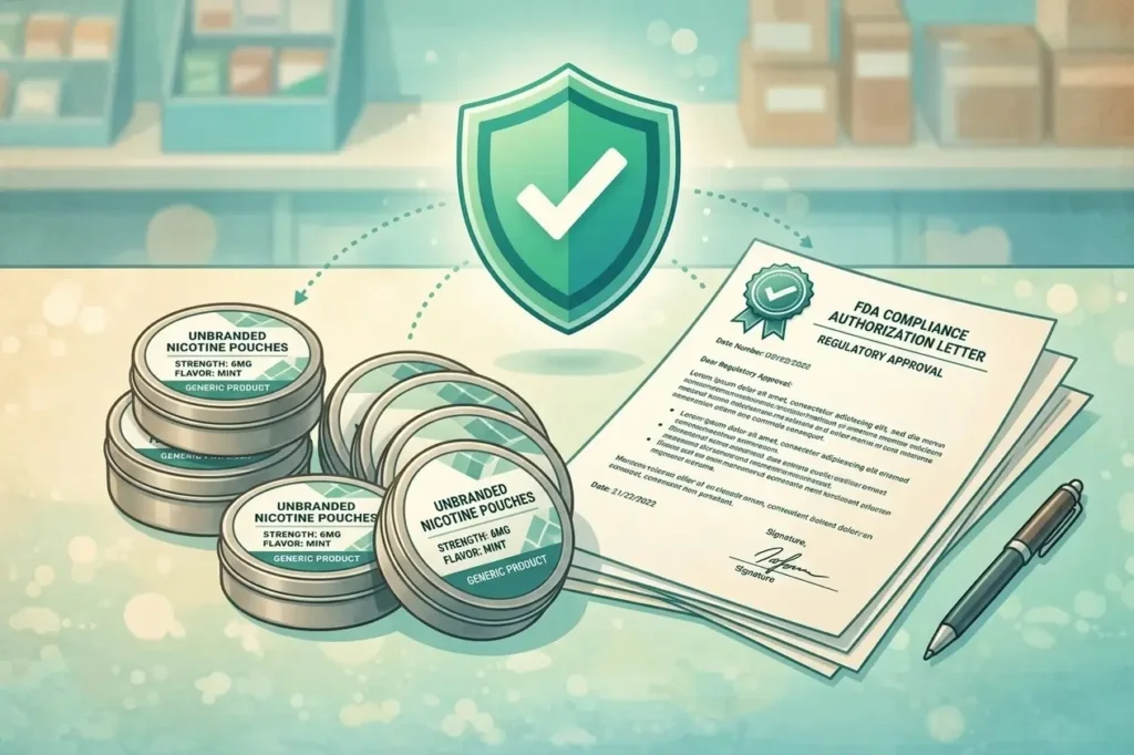 Close-up of generic nicotine pouches in small circular tins arranged on a retail counter, an FDA document or authorization letter beside them