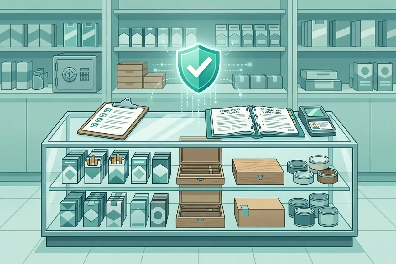 A professional retail store interior with tobacco products behind a glass counter, compliance documents and a checklist visible on the counter, clean and organized setting, photorealistic, neutral tones, no visible brand names