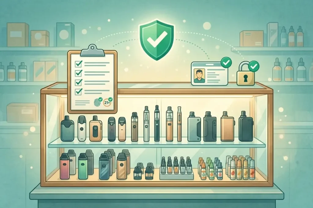 A display case showing various generic e-cigarette devices and pods, a compliance checklist clipboard resting against the case, soft retail lighting, photorealistic, no visible real brand names