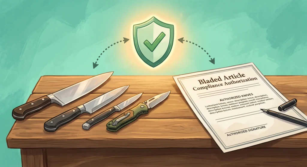 A semi-realistic digital editorial illustration depicting knife retail compliance. On a rustic wooden table, four unbranded knives—ranging from large kitchen chef's knives to a folding outdoor pocket knife—rest next to a formal document titled "Bladed Article Compliance Authorization." A black pen with its cap off sits beside the document. Above the items floats a glowing green compliance shield with a checkmark, connected to both the knives and the authorization paperwork by curved, dotted arrows. The scene features a clean mint-teal background wash, a soft warm golden glow around the central shield, and a professional, hand-drawn editorial style with no human figures.