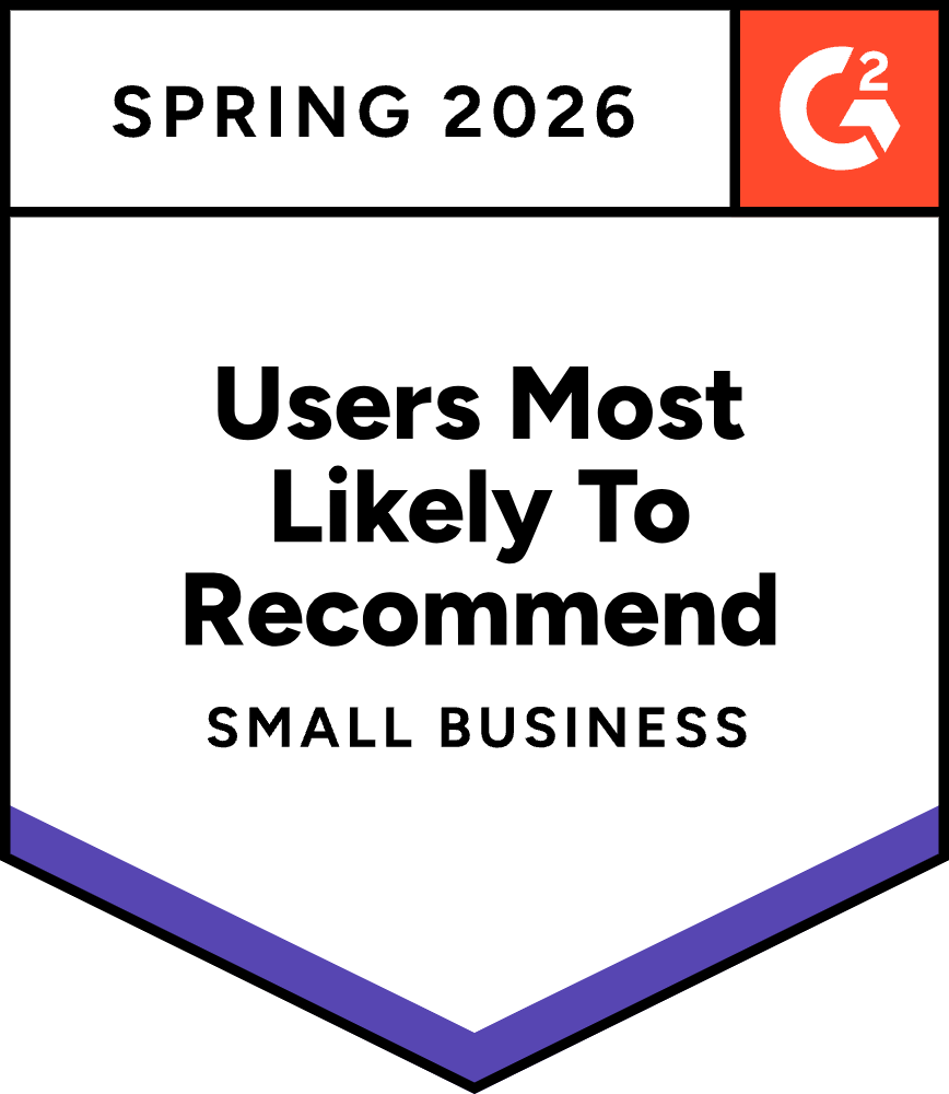 A shield-shaped digital badge from G2 for Spring 2026. The top left features the text "SPRING 2026" in black capital letters, and the top right contains the red and white G2 logo. The center of the white shield displays the text "Users Most Likely To Recommend" in bold black font, with "SMALL BUSINESS" written underneath it. The bottom border of the shield is accented with a thick purple chevron.