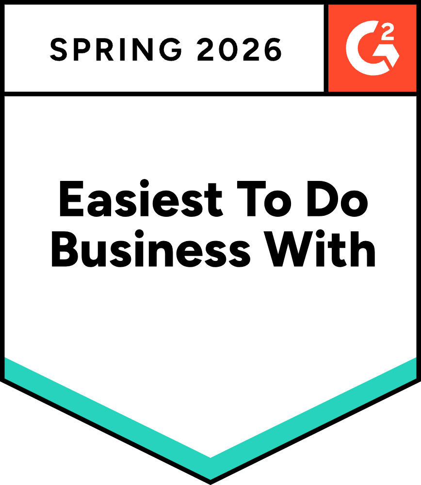 A shield-shaped digital award badge from G2 for Spring 2026. The top left header reads "SPRING 2026" in black capital letters, and a red square in the top right contains the white G2 logo. The main white body of the shield features the bold black text "Easiest To Do Business With". The bottom pointed border of the shield is highlighted with a bright teal chevron.