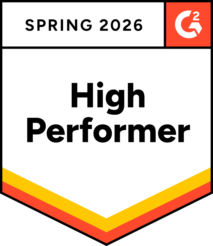 A shield-shaped digital award badge from G2 for Spring 2026. The top left header displays the text "SPRING 2026" in black capital letters, alongside a red square in the top right featuring the white G2 logo. The main white body of the shield features the bold black text "High Performer". The bottom pointed border is styled with a double chevron consisting of a yellow stripe stacked on top of an orange stripe.