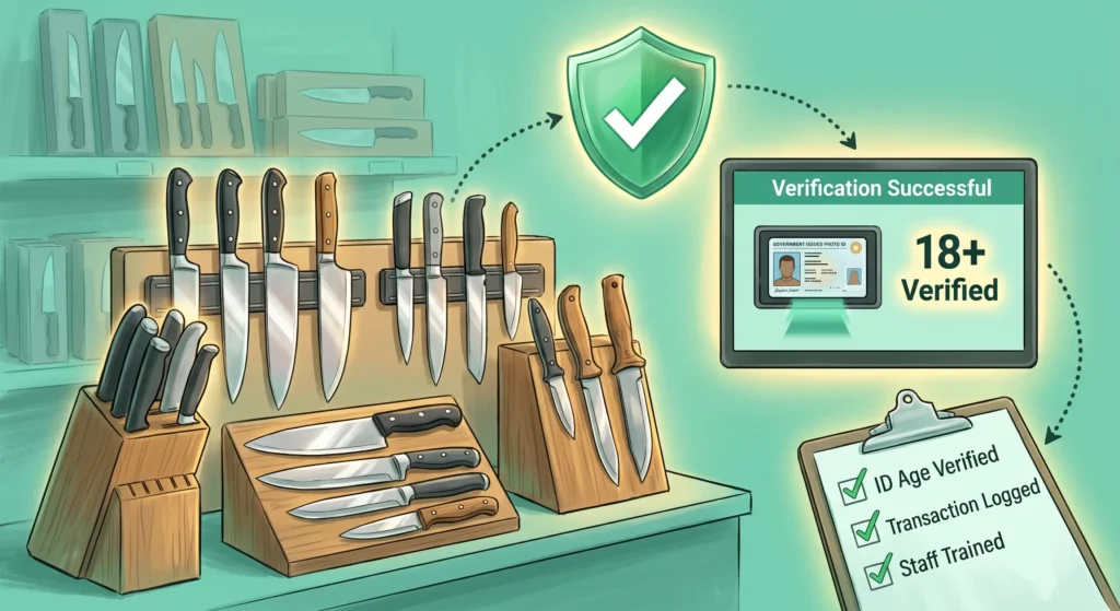 A digital editorial illustration with a teal and mint green color wash showing a knife retail compliance scene. On a store counter, a variety of unbranded kitchen and outdoor knives are displayed on magnetic strips and wooden blocks. To the right, a digital verification screen lit with warm golden light displays a government ID scan, an "18+ Verified" badge, and a "Verification Successful" message. Above, a glowing green shield with a white checkmark connects via dotted arrows to the screen and a compliance checklist clipboard that reads "ID Age Verified," "Transaction Logged," and "Staff Trained."