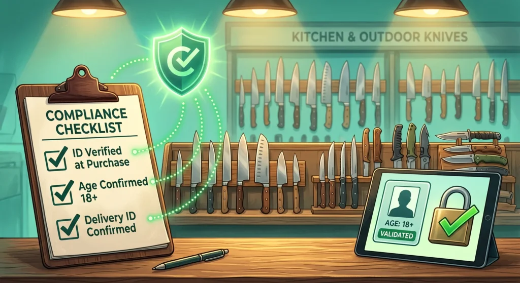 An editorial illustration depicting a knife retail compliance workflow in a teal environment under warm golden lighting. On the left, a wooden clipboard displays a compliance checklist with checkmarks next to "ID Verified at Purchase", "Age Confirmed 18+", and "Delivery ID Confirmed". On the right, a digital tablet displays an ID card icon marked "AGE: 18+ VALIDATED" alongside a golden padlock with a green checkmark. A glowing green shield floats above, connected to each checklist item by dotted green curves. The background features a retail display shelf labeled "KITCHEN & OUTDOOR KNIVES" stocked with various unbranded kitchen and outdoor knives.