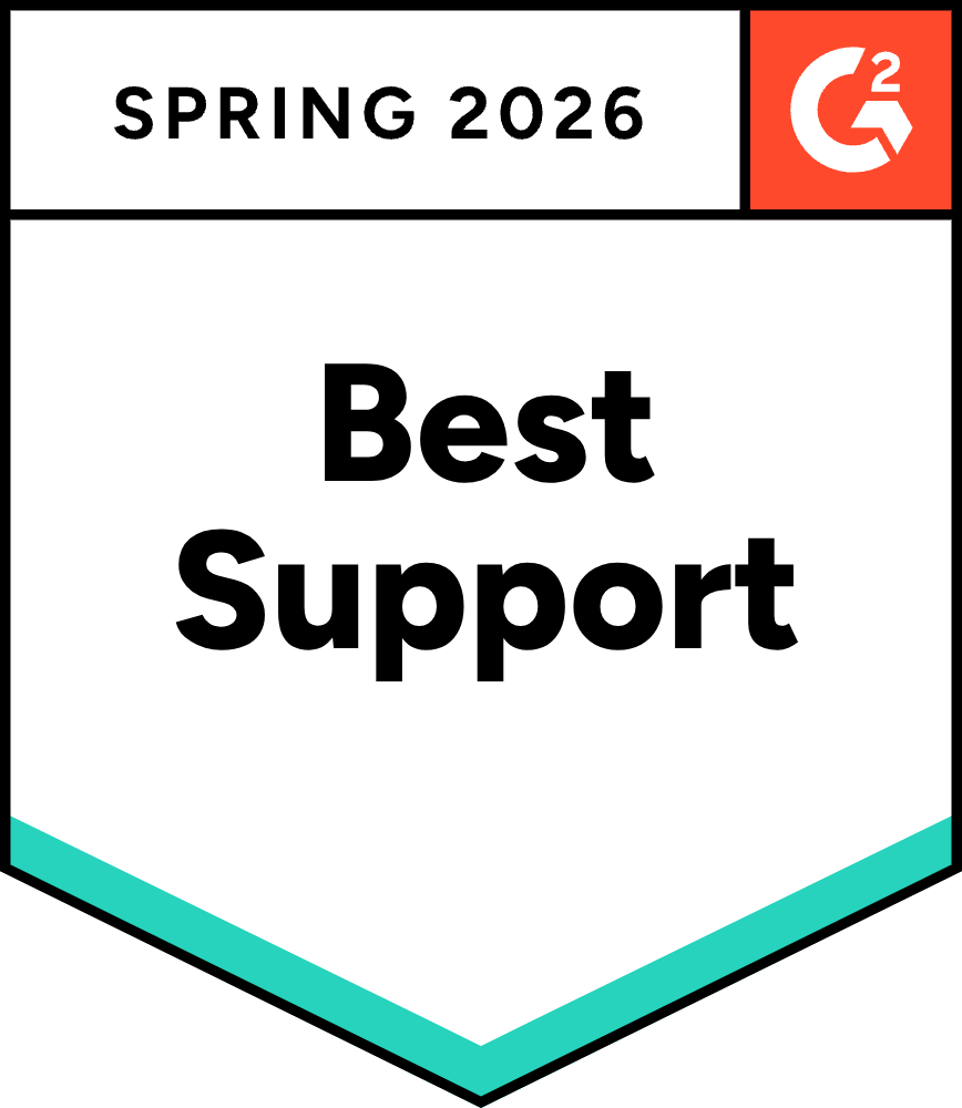 A shield-shaped digital award badge from G2 for Spring 2026. The top left header displays "SPRING 2026" in black capital letters, next to a red square in the top right containing the white G2 logo. The main white body of the shield features the bold black text "Best Support". The bottom pointed border of the shield is lined with a bright teal chevron.