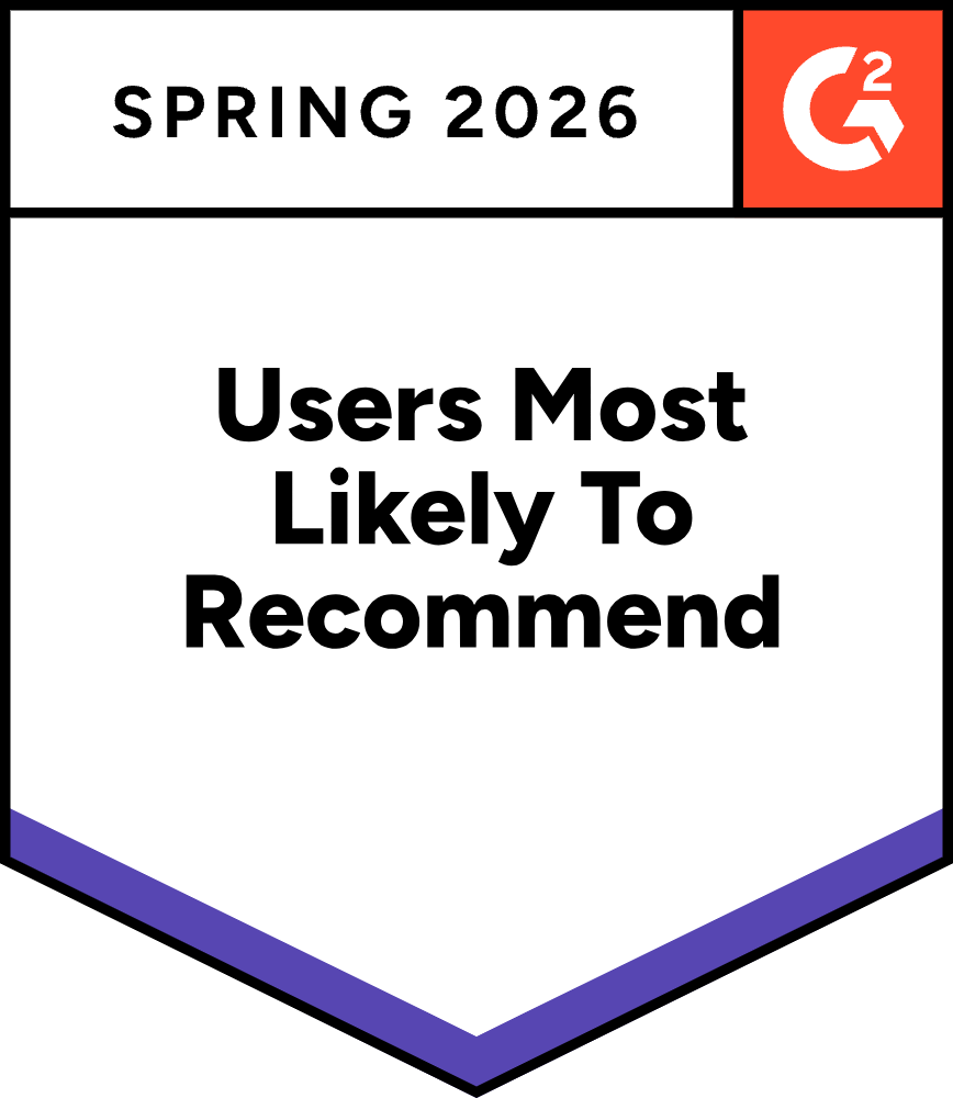 A shield-shaped digital award badge from G2 for Spring 2026. The top left header reads "SPRING 2026" in black capital letters, and a red square in the top right contains the white G2 logo. The main white body of the shield features the bold black text "Users Most Likely To Recommend". The bottom pointed border of the shield is highlighted with a thick purple chevron.